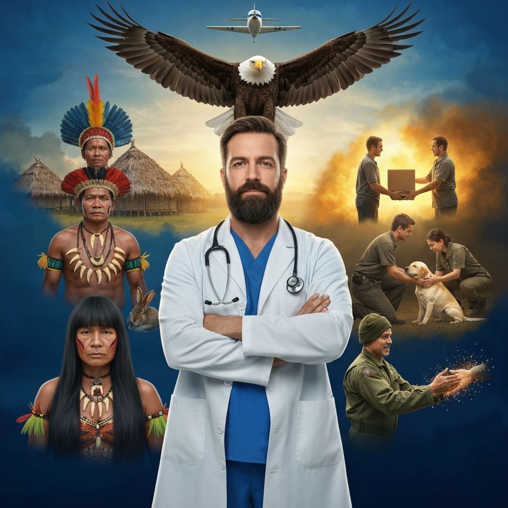 Majestic bald eagle overseeing humanitarian missions - medical care, disaster relief, animal rescue, and veteran support