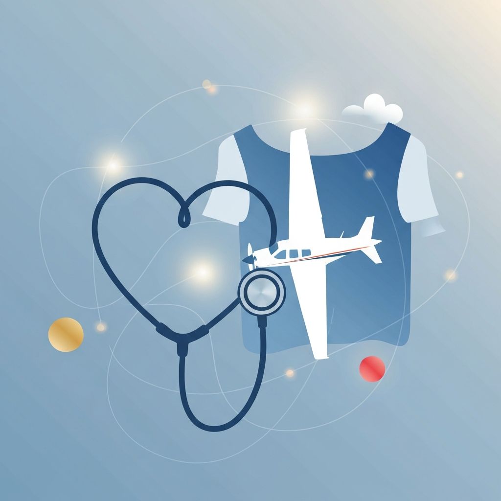Symbolic illustration of stethoscope forming heart shape with aircraft