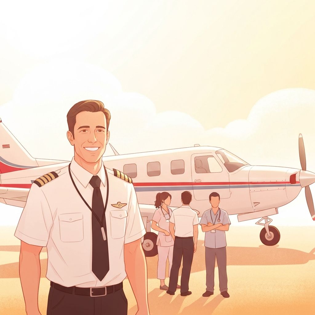 Pilot and physician standing beside aircraft looking toward bright horizon
